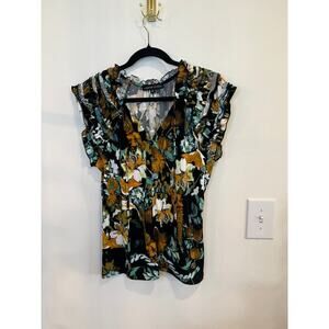 Adrienne Vittadini Floral Blouse Ruffle Sleeve Boho Top Black Green Mustard S